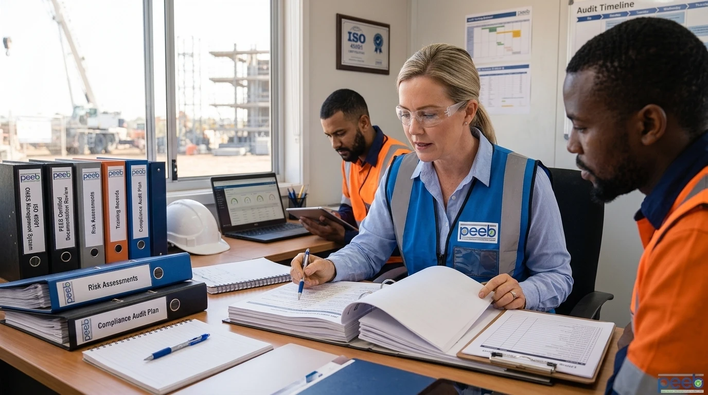 An accredited lead auditor evaluating safety management system documentation during an internal audit