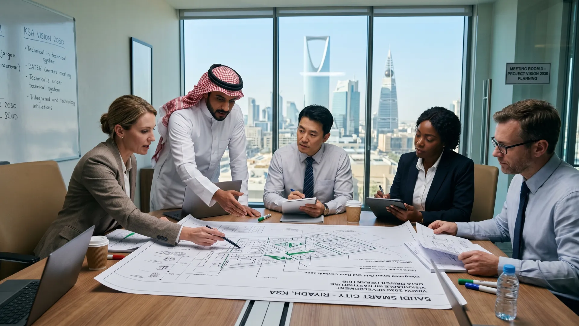 Multidisciplinary safety team discussing KSA Vision 2030 infrastructure