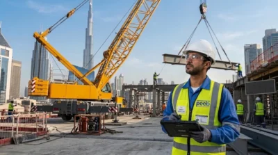 A Certified Lifting Inspector evaluating crane boom stability and wire rope integrity during a site audit