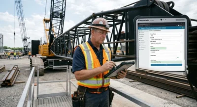 A Certified Lifting Inspector logging digital equipment compliance data on an industrial tablet