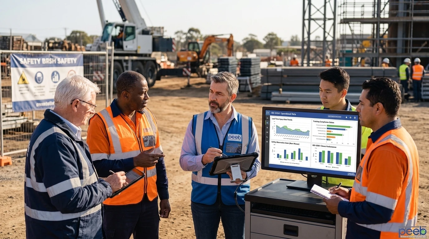 HSE directors evaluating enterprise safety management systems using an ISO 45001 operational dashboard
