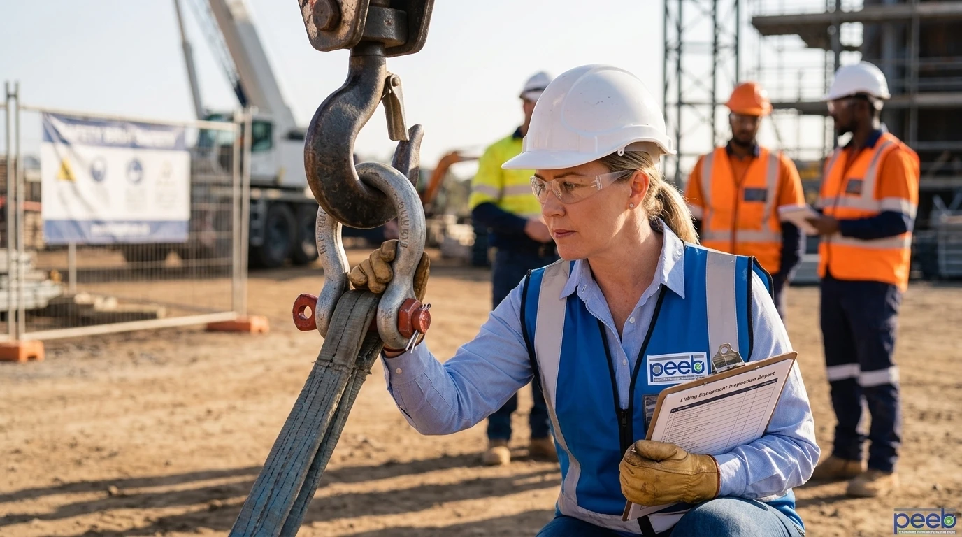 A safety trained supervisor performing a pre-operation inspection on industrial lifting equipment