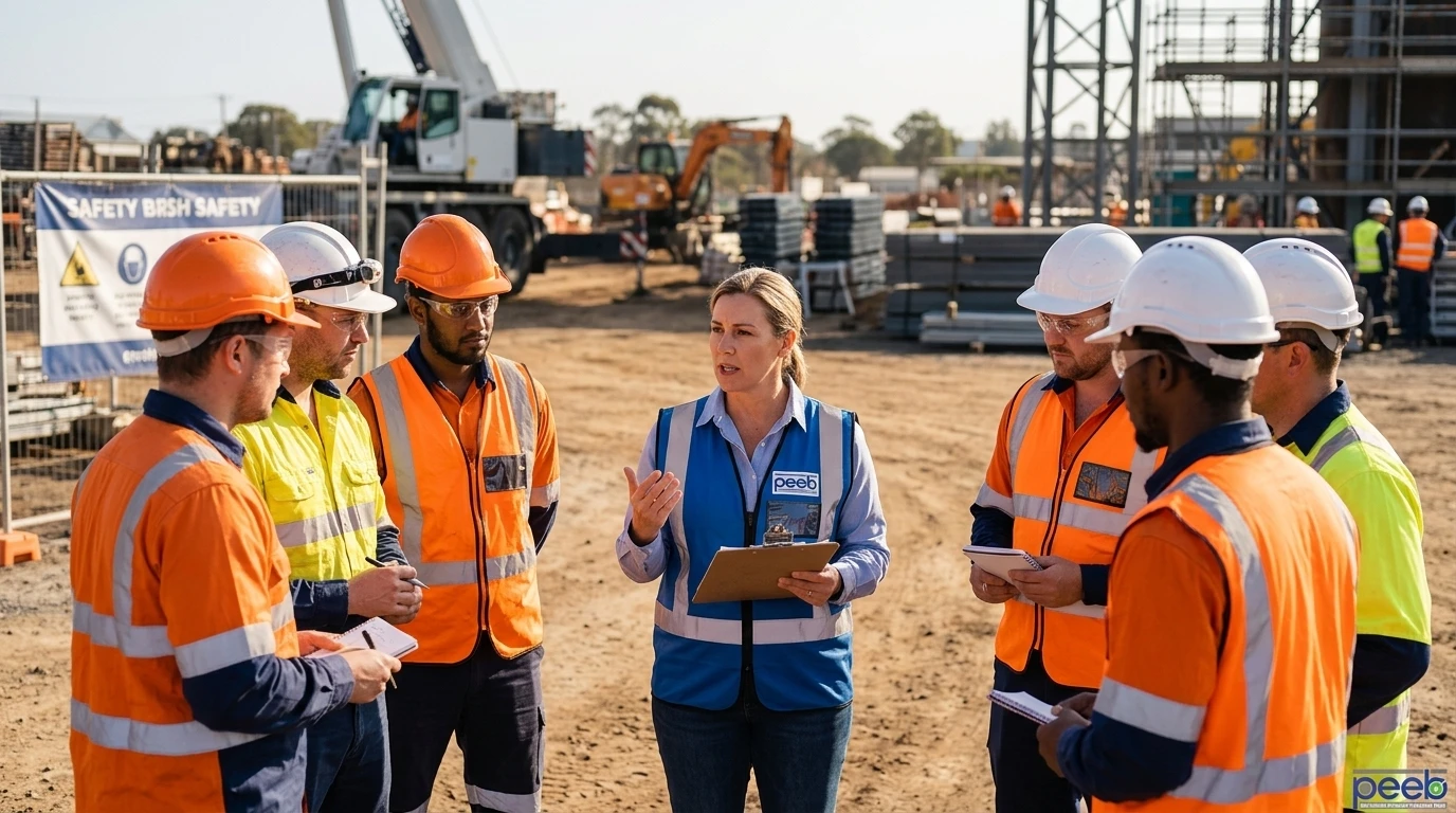 A safety trained supervisor reviewing site safety protocols during a daily toolbox talk