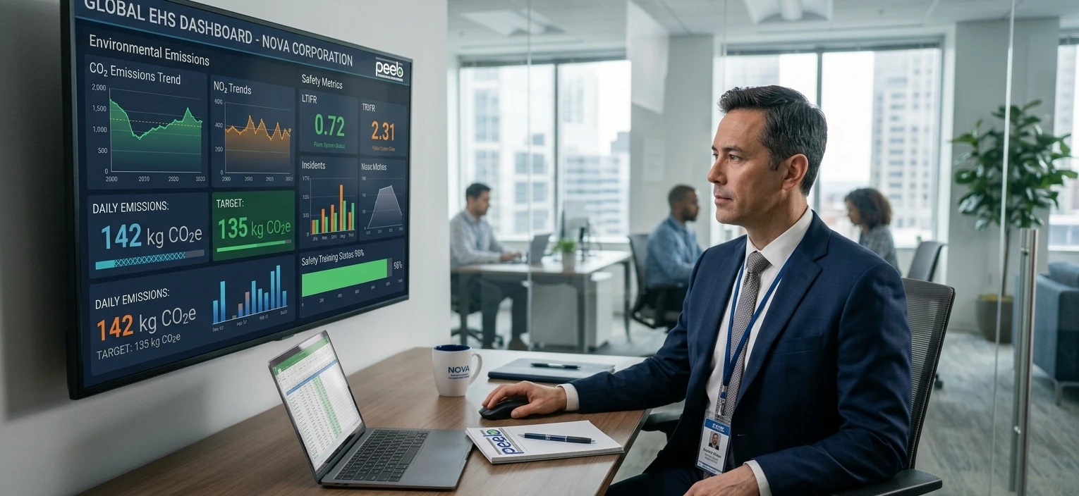 An environmental health & safety executive evaluating corporate risk metrics and compliance data