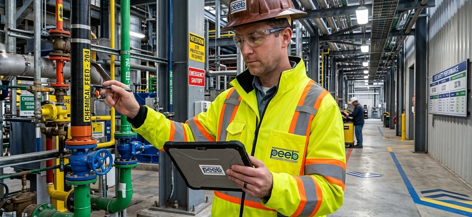 An EHS professional performing a detailed site risk assessment for environmental health and safety compliance