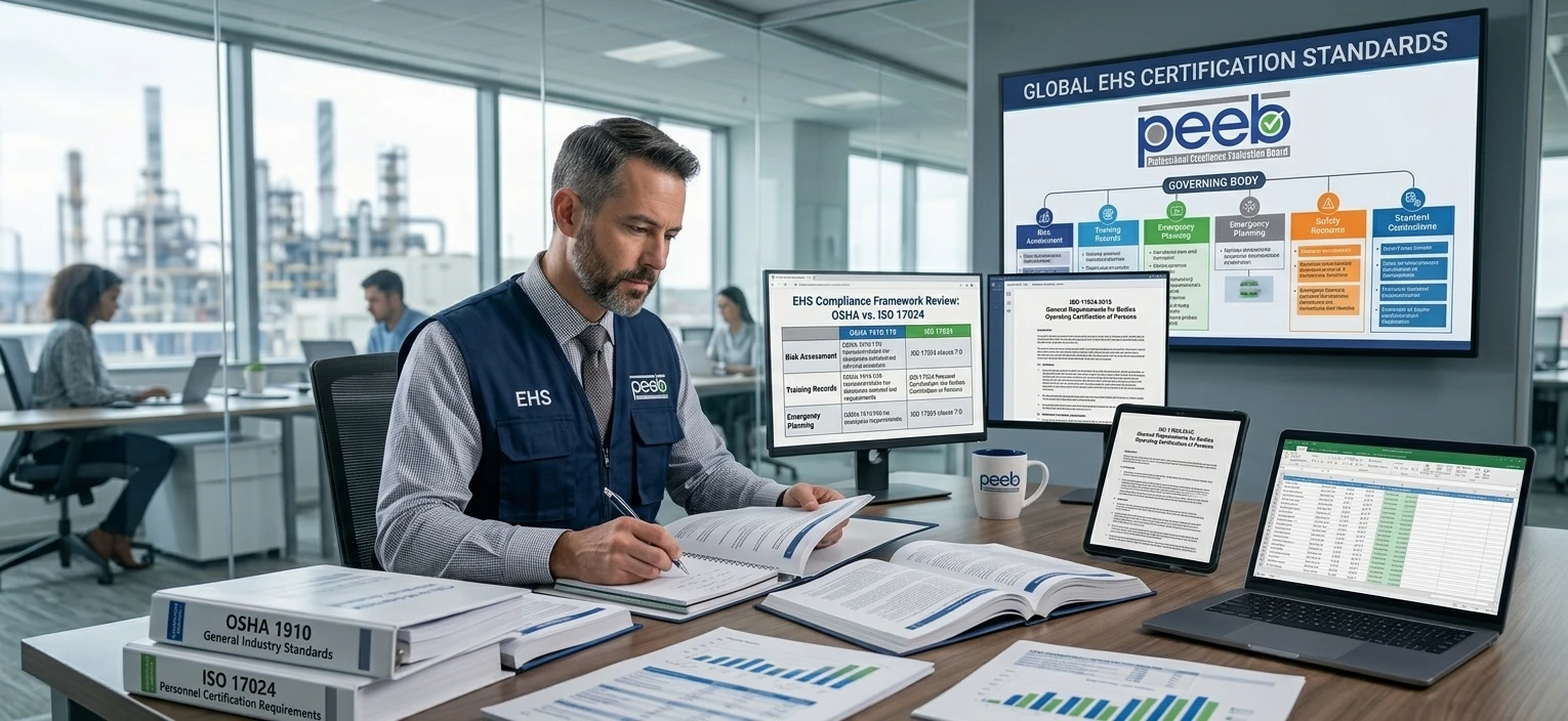 A safety professional analyzing occupational safety and health administration certification standards versus ISO 17024 requirements